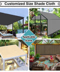 Collage of pergola, patio, and garden areas with shade cloth overhead demonstrating 90 Percent UV Blocking Shade Cloth With Grommets For Pergola 8 By 12 Feet Sun Screen Canopy For Patio Outdoor Garden And Backyard Mocha Mesh Tarp Shade Cover With Heat Reduction And UV Protection, showcasing various outdoor settings.