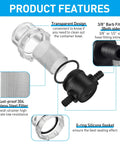 Two Pack Water Pump Strainers With Three Eighth Inch Hose Barb Inline Mesh Filter Screen Twist On Plumbing Strainers For RV Sprayers Marine Boats Camper Lawn Care 50 Mesh Stainless Steel features diagram