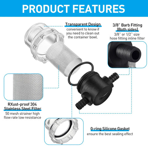 Two Pack Water Pump Strainers With Three Eighth Inch Hose Barb Inline Mesh Filter Screen Twist On Plumbing Strainers For RV Sprayers Marine Boats Camper Lawn Care 50 Mesh Stainless Steel features diagram