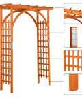 85 Inch Wooden Garden Arch Trellis For Climbing Plants with detailed close-ups, outdoor yard arbor with natural finish, sturdy entryway