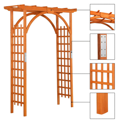 85 Inch Wooden Garden Arch Trellis For Climbing Plants with detailed close-ups, outdoor yard arbor with natural finish, sturdy entryway
