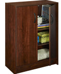 Stackable 2-Door Organizer In Dark Cherry Finish, 31.5 Inch High Space Saving Closet Storage Unit With Adjustable Shelves, ideal for home organization shown partially open with items inside.