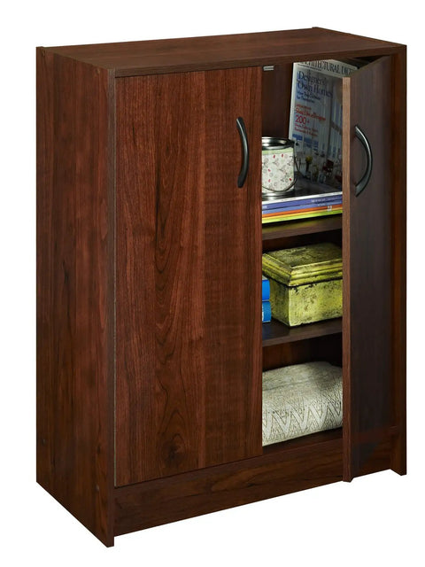Stackable 2-Door Organizer In Dark Cherry Finish, 31.5 Inch High Space Saving Closet Storage Unit With Adjustable Shelves, ideal for home organization shown partially open with items inside.