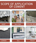 Image showing various applications for Quick Dry Concrete Patch 300g For Crack Sealing And Floor Repair Filler DIY Friendly, including roof and balcony.