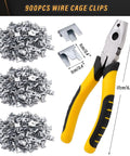 900 Pcs Rabbit And Chicken Wire Cage Clips With Fence Pliers, showing metal clips and yellow-handled pliers.