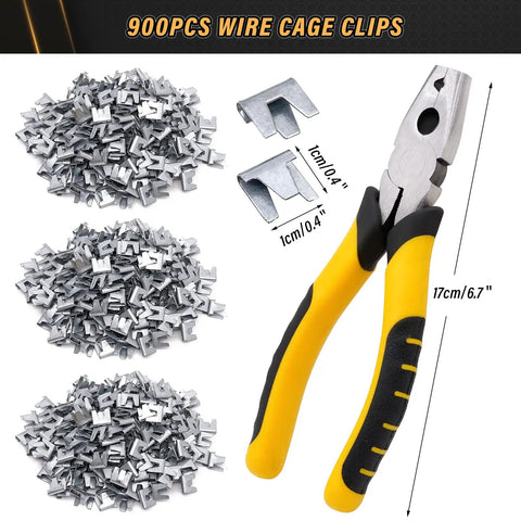 900 Pcs Rabbit And Chicken Wire Cage Clips With Fence Pliers, showing metal clips and yellow-handled pliers.