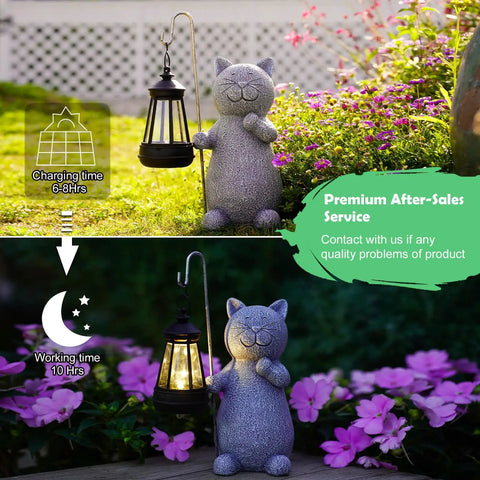 Solar Powered Cat Garden Statue With Warm Glow Lantern during day and night in garden setting