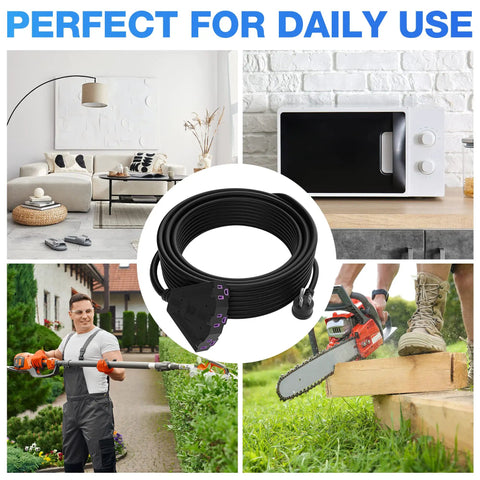 Beefy 100 Ft Heavy Duty Outdoor Extension Cord With 3 Outlets, 12/3 12AWG SJTW, shown with outdoor and indoor uses.