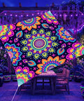 Neon Mandala UV Reactive Sun Shade Sail 6 By 8 Feet Blacklight Glow Canopy for Garden Backyard Patio Deck, Boho Style.