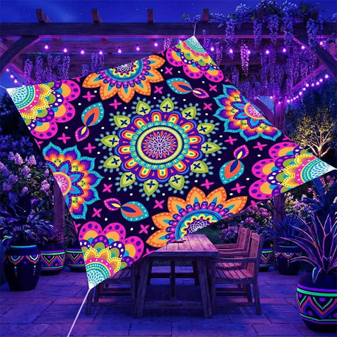 Neon Mandala UV Reactive Sun Shade Sail 6 By 8 Feet Blacklight Glow Canopy for Garden Backyard Patio Deck, Boho Style.