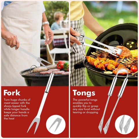 15 Piece Grill Set With Carrying Case Stainless Steel BBQ Tools Kit with fork and tongs in outdoor barbecue use