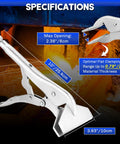 Badass Ten Inch Locking Sheet Metal Clamps Two Pack showing specifications with max opening of 2.36 inches, nickel plated, heavy duty design.