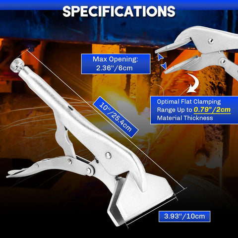 Badass Ten Inch Locking Sheet Metal Clamps Two Pack showing specifications with max opening of 2.36 inches, nickel plated, heavy duty design.