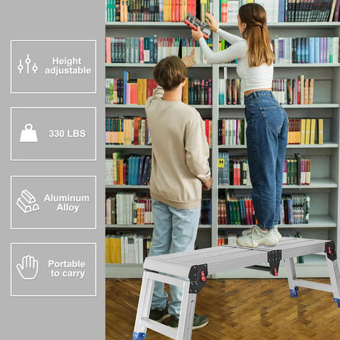 Beefy Foldable Aluminum Work Platform With 500 Lb Capacity Non Slip Surface Adjustable Height Heavy Duty Portable Step Ladder For Home Garage And Pro Jobs, shown in library