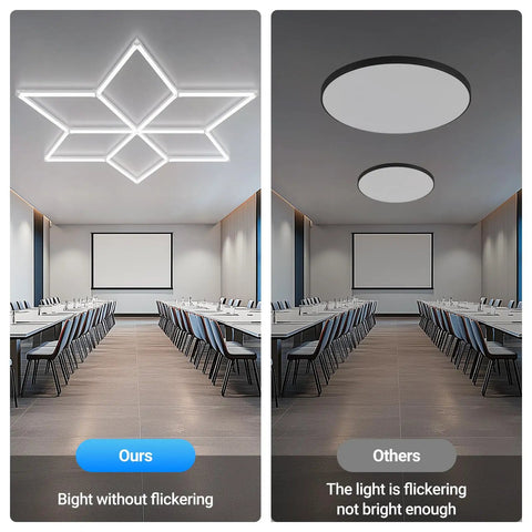Hexagon LED Garage Light With Diamond Grid 710W 78100LM Mega Bright Ceiling Fixture comparison in conference room setting
