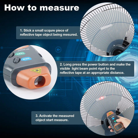 Non Contact Digital Laser Tachometer RPM Meter With Wide 2.5 To 99999 RPM Range, High 0.1 RPM Resolution, 50 To 500 mm Measuring Distance, Pro Grade Tool For Motors Lathe Machines Fans Metal And Woodworking Equipment