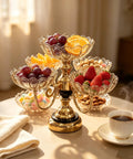 Smooth Spin Five Plate Amber Glass Serving Stand With Four Swivel Bowls And One Center Platter Gold Plated Bracket Black Crystal Details Quick Party Prep Head Turning Dessert Tray Decor with fruits.