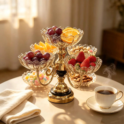 Smooth Spin Five Plate Amber Glass Serving Stand With Four Swivel Bowls And One Center Platter Gold Plated Bracket Black Crystal Details Quick Party Prep Head Turning Dessert Tray Decor with fruits.