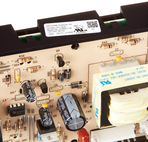 Close-up of Genuine OEM Oven Control Board For Ranges 316557118 Replacement Part, showing capacitors and circuit details.