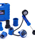 Orion Motor Tech coolant pressure tester kit with blue pump, 0-30 psi gauge and 7 radiator adapters in blue case