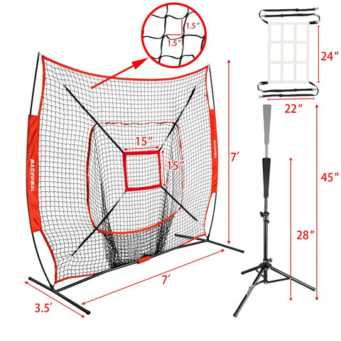 7x7 Baseball Softball Practice Net With Batting Tee And Bow Frame Backstop Portable Hitting And Pitching Net Kit With Adjustable Tee From 28 To 46 Inches Includes Bonus Strike Zone And Easy Setup In Minutes, showing full setup with dimensions and net details.