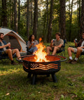 Cozy 32 Inch American Flag Fire Pit With Mesh Cover And Poker For Patio Garden And Backyard Round Metal Wood Burning Outdoor Firepit For Bonfires And Holiday Gatherings at a campsite with friends.