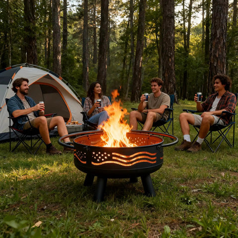 Cozy 32 Inch American Flag Fire Pit With Mesh Cover And Poker For Patio Garden And Backyard Round Metal Wood Burning Outdoor Firepit For Bonfires And Holiday Gatherings at a campsite with friends.