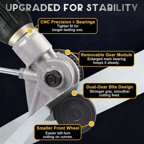 Sheet Metal Cutter Nibbler Drill Attachment With Titanium Steel Gear for stronger bite, features CNC precision and dual-gear design