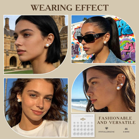 12 Pairs Pearl Stud Earrings For Women Set In White Simulated Pearls In Four Sizes Simple Chic Jewelry For Everyday Wear Lightweight Comfort Perfect Gift Timeless Classic, model wearing 4-10mm pearl studs