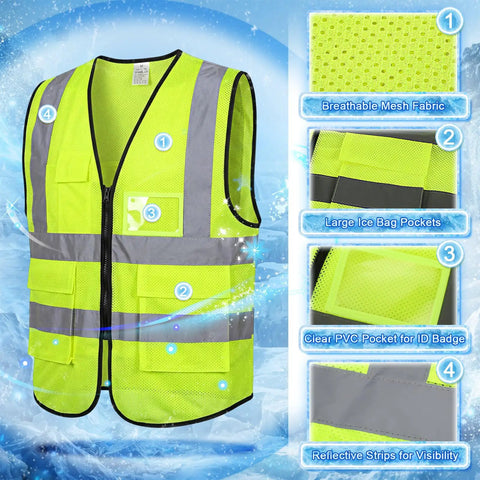 Boss-Level Cooling Vest That Holds Eight Cold Ice Packs Adds High Viz Reflective Stripes And X-Large Fit to showcase breathable mesh and ID badge pocket.