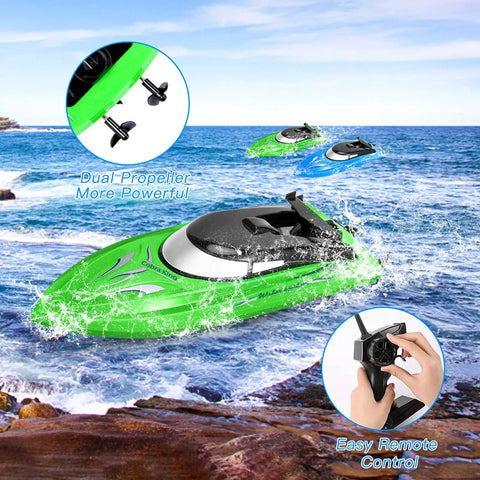 2 Pack Dope RC Boats for Pools and Lakes, 10km/h 2.4G Remote Control Speed Boats for Kids and Adults, Blue Green on water