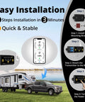 Wireless RV Leveling System With Real Time App, installation steps with mobile control interface, RV in background.