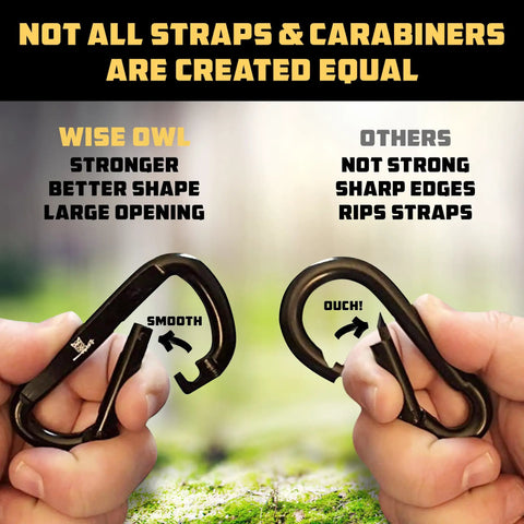 Comparison of carabiners for 10ft heavy duty hammock straps for trees with carabiners, highlighting smooth versus sharp edges.