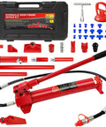 12 Ton Portable Hydraulic Ram Jack Pump Kit With Heavy Duty Lifting Power For Auto Body Car Frame Straightening And Equipment Repair, red tools and parts.