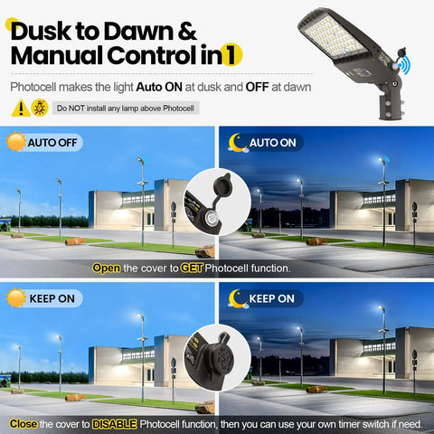 LED Parking Lot Light 180W 200W 220W Switchable showing dusk to dawn photocell feature in a parking area