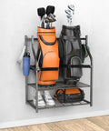 Wall Mounted Golf Bag Organizer With Rolling Storage Rack Holds Two Golf Bags Open Shelf Hats Side Hooks Towels Garage Use