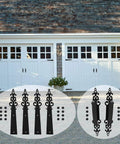 Metal Garage Door Decorative Hardware Hinges Carriage House Accents Screw Mounted 6 Piece Set displayed in front of garage