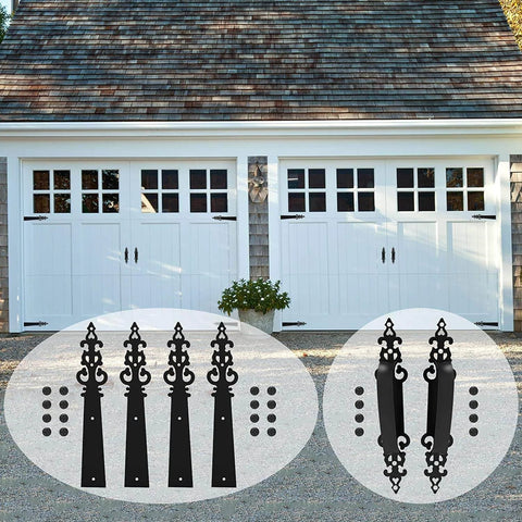 Metal Garage Door Decorative Hardware Hinges Carriage House Accents Screw Mounted 6 Piece Set displayed in front of garage