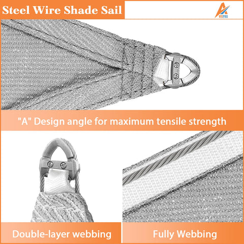 Close-up of 12 X 40 Sun Shade Sail With Wire Cable And A Rings showing double-layer webbing and durable fabric in light gray.