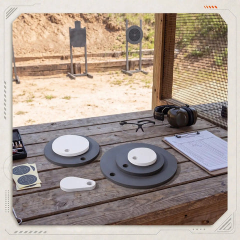 AR500 Steel Circle Shooting Targets Six Pack Three Eighths Inch Thick With 2, 3, 4, 5, 6, 8 Inch Diameters displayed on table
