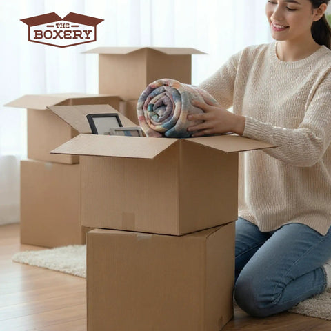 Person packing items into 50 Pack Kraft Corrugated Cardboard Boxes 9 In X 7 In X 5 In for packing mailing and inventory storage.