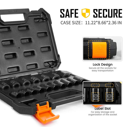 Half Inch Drive Shallow Impact Socket Set, 17 Piece Metric Range 8mm To 24mm in heavy duty storage case with lock design