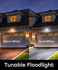 Smart Outdoor Floodlight Bulbs 2700K to 6500K Dimmable LED E26 PAR38 11W 1000 Lumens illuminating garage in warm and cool white