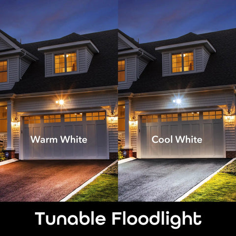 Smart Outdoor Floodlight Bulbs 2700K to 6500K Dimmable LED E26 PAR38 11W 1000 Lumens illuminating garage in warm and cool white