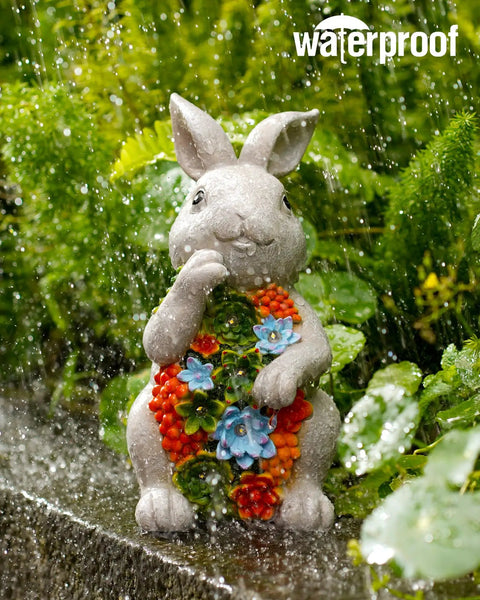 Solar Garden Bunny Statue With Succulent And Seven LED Lights Lawn Decor For Patio Balcony And Yard in rain with greenery
