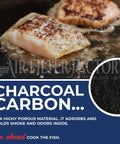 Cooked fish next to image detail of charcoal carbon filter material for Broan QS WS Non Ducted Range Hoods BPSF30 99010308
