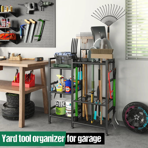 Garden Tool Organizer For Garage And Shed, 3 Tier Yard Tool Storage Rack with 35 Long Handled Slots and Large Hooks