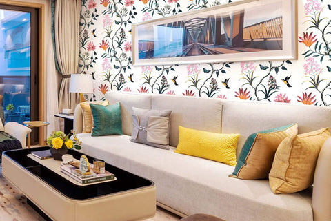 Living room with Pink Floral And Bird Peel And Stick Wallpaper For Cabinets And Bedrooms Self Adhesive Removable Vinyl With Butterfly Design.
