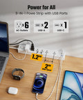 10 Foot Flat Extension Cord And Surge Protector Power Strip With Six Wall Outlets Dual Usb A Plus Single Usb C Charger Wide Plug Clearance, featuring USB ports and wider-spaced outlets.