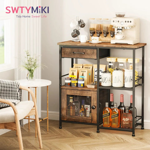 Your Go To Home Coffee Bar Cabinet With Drawers, Farmhouse Style Buffet Sideboard, Espresso Finish, in living room setup